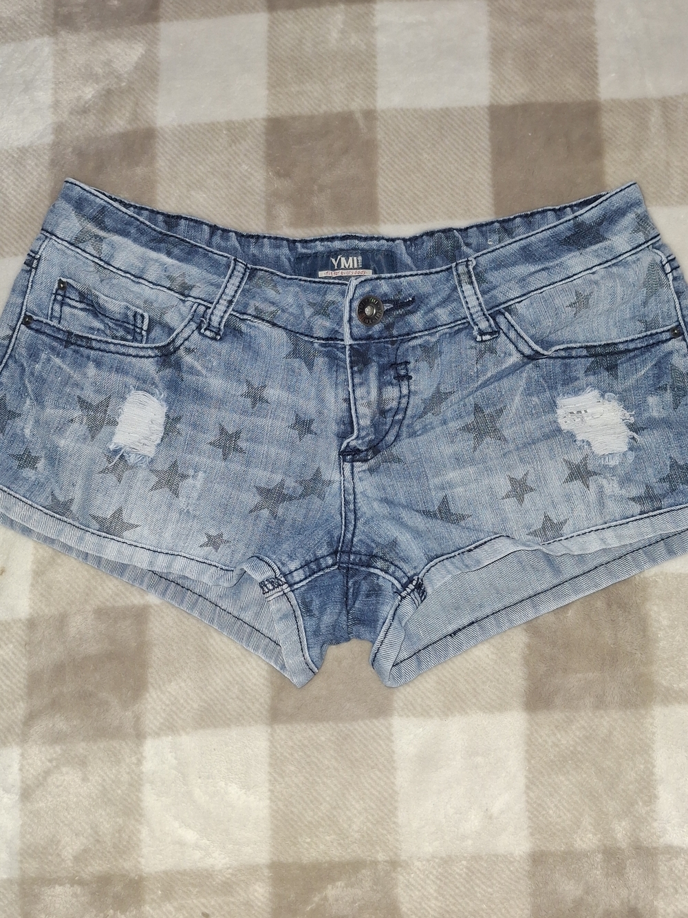 YMI Light Blue Star-Print Denim Short Shorts